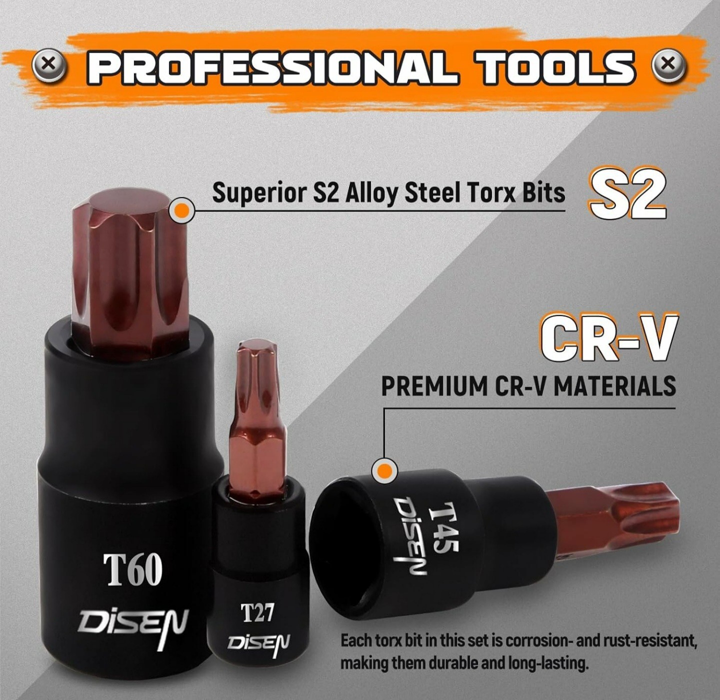 New DISEN 31pc Impact Torx Bit Socket and Female External Socket Set, CR-V Steel