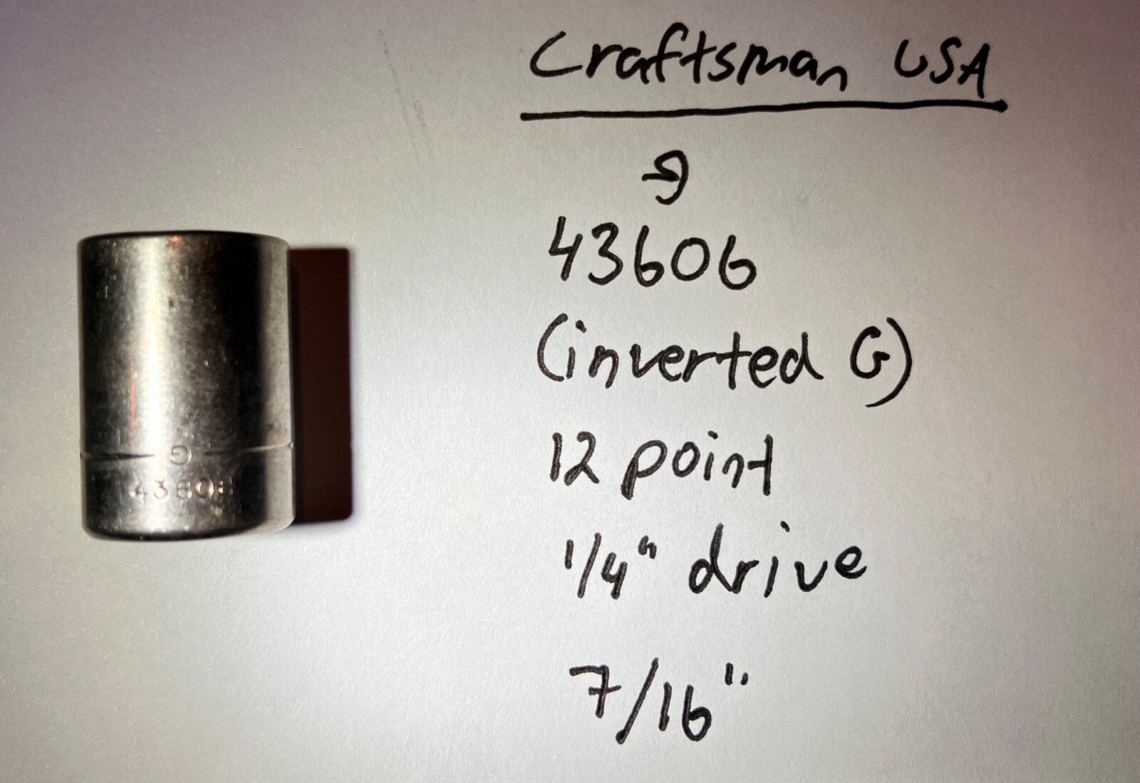 Vintage Craftsman Socket 43606: Inverted G, 7/16», 12 point, 1/4″ drive