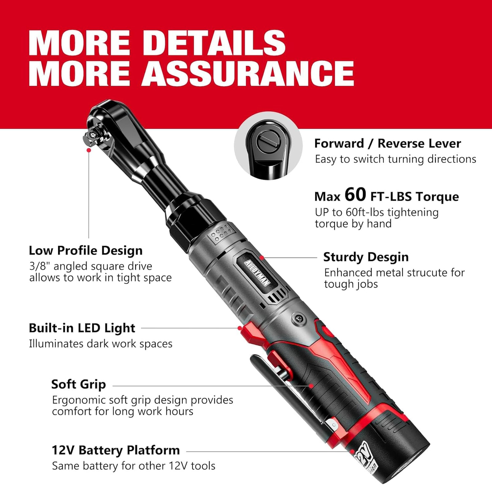 3/8″ Cordless Ratchet Wrench Set, 60FT-LBS(80N.m) Electric Ratchet, 12V Extended
