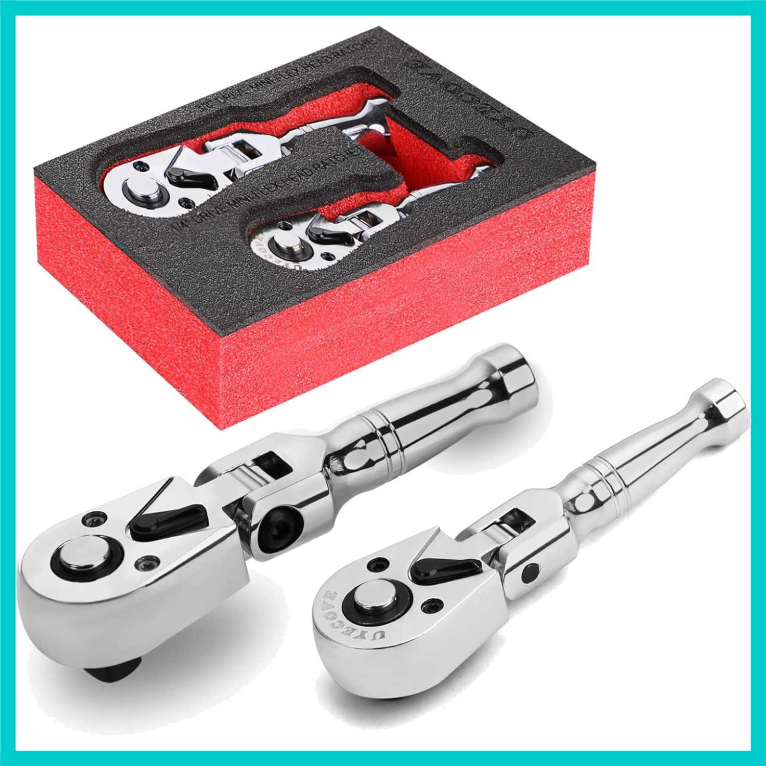 2-Piece 1/4″ & 3/8″ Drive Stubby Ratchet Set – Flexible Head Ergonomic Design