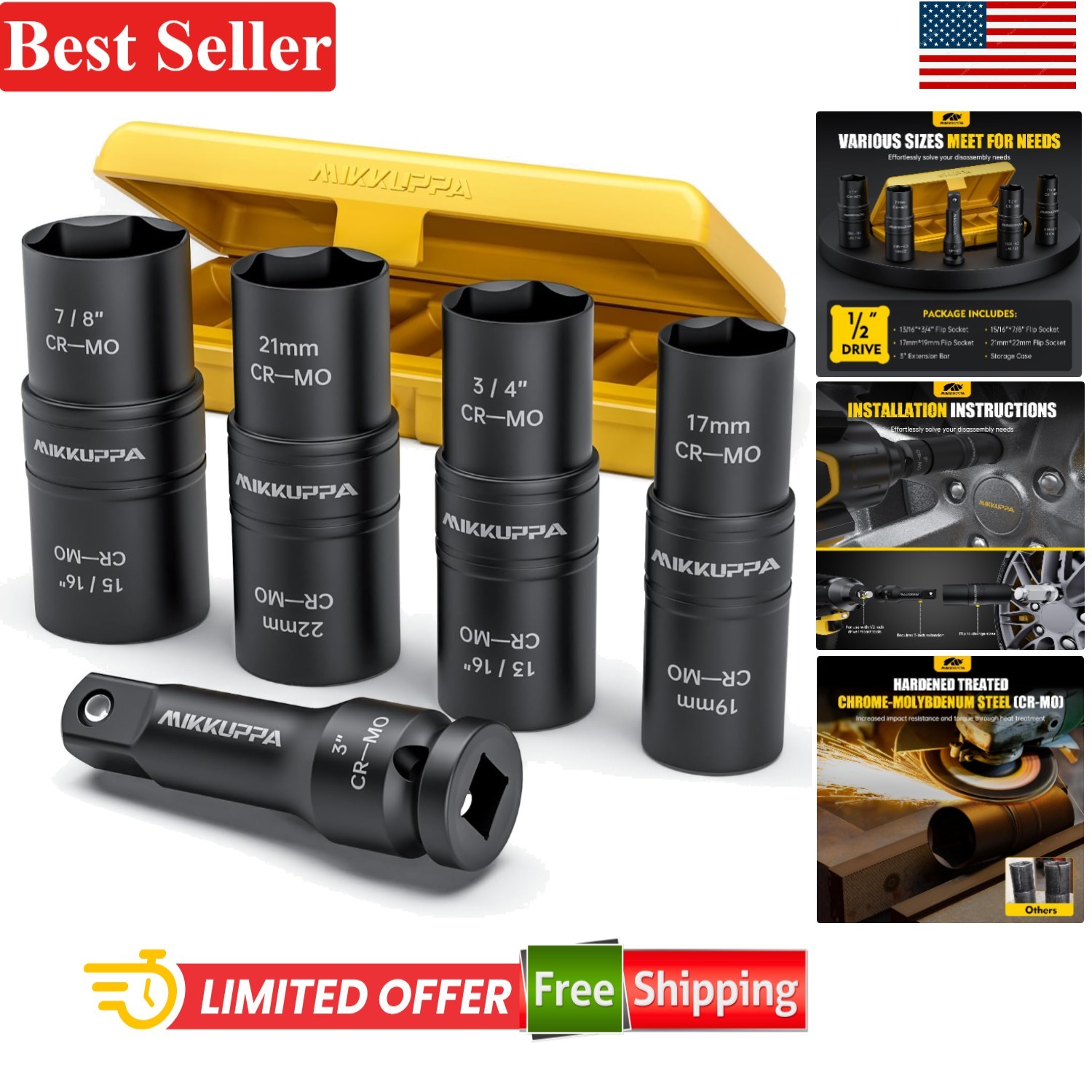 5 Pcs Impact Socket Set 1/2 In Drive Chrome Molybdenum Steel Double Side Metr…