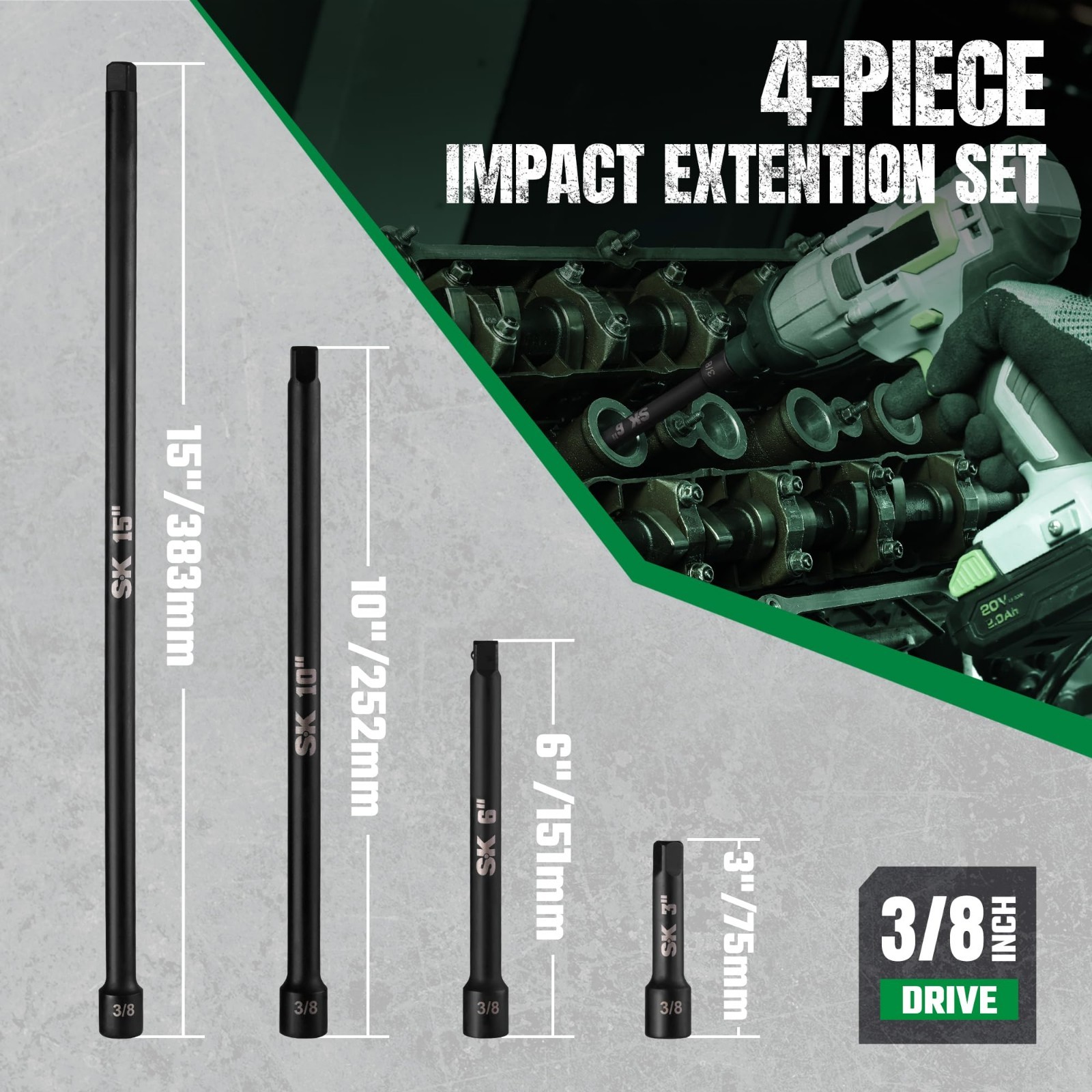 4-Piece Impact Socket Extension Set 3/8″ Drive – 3″, 6″, 10″, 15″ Cr-Mo Steel
