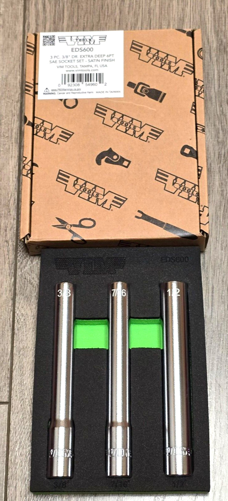 VIM Tools 3pc 3/8″ dr 6 pt Extra Deep SAE Socket Set 3/8, 7/16 & 1/2 #EDS600