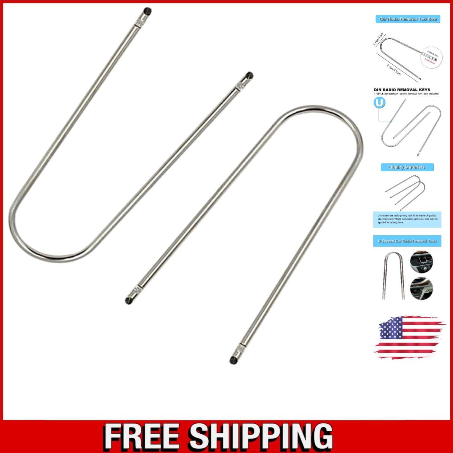 Durable U-Shaped Car Radio Pry Tools – 2PCS Stainless Steel Kit for Vehicles