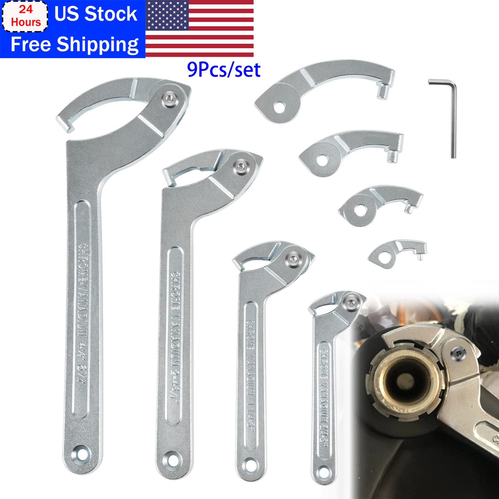 8 Pack Adjustable Hook C Pin Spanner Wrench Tool Set Nut Wrench 3/4″ to 6-1/10″