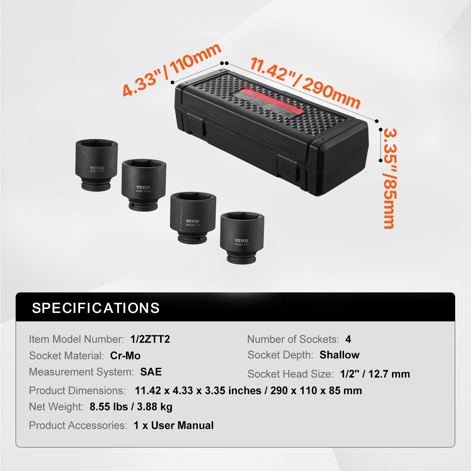 Axle Nut Impact Socket Set 1/2″ Drive 6-Point 4PCS SAE Spindle Nut Socket