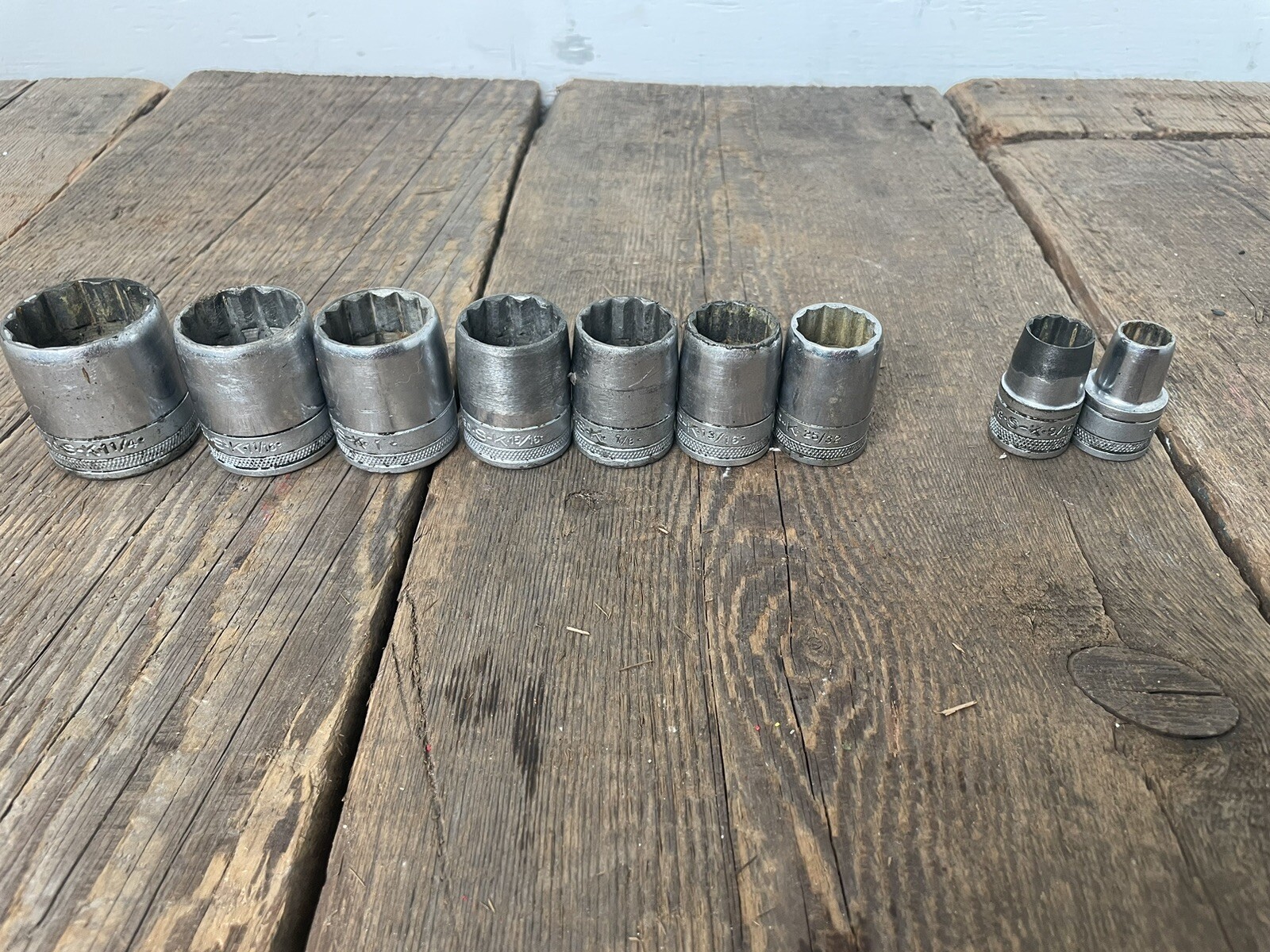 Vintage 9PC Set SK Shallow Tapered 1/2 In Drive Socket 1-1/8″ – 7/16″ USA