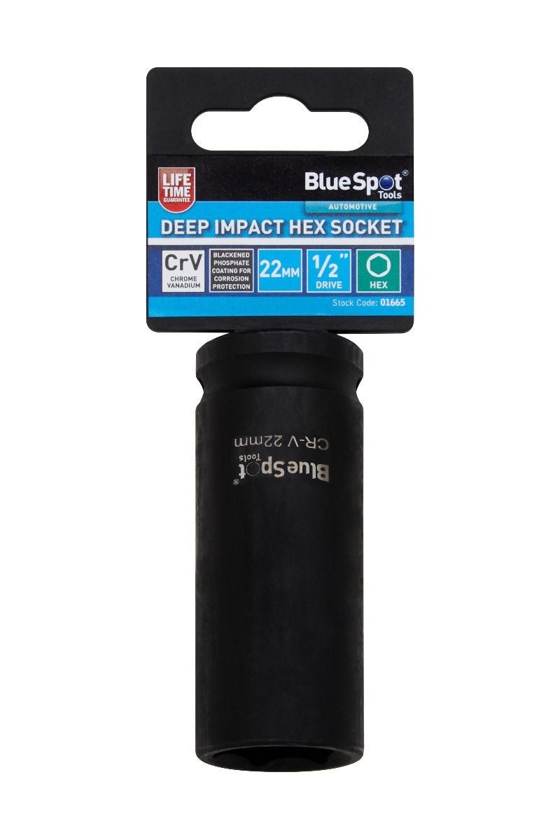 Blue Spot 1/2″ Drive 22mm Deep Impact Socket 6 Point Hex CRV Steel Heavy Duty