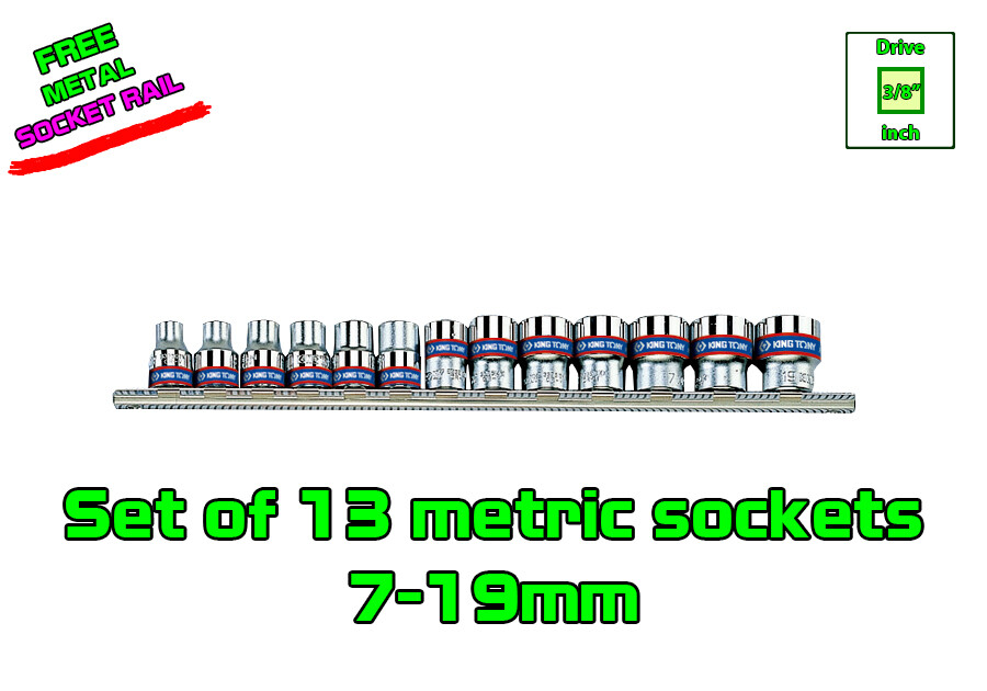 Set of 13 pcs 3/8” Drive 6 Point Metric Standard Sockets 7-19mm Size 6pt 3/8inch