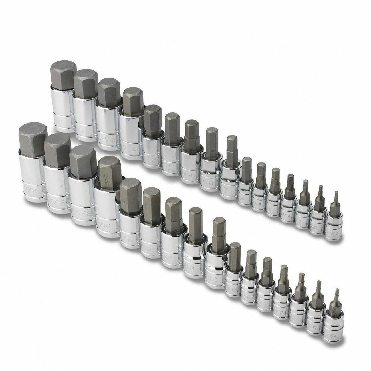 32pc MASTER HEX BIT SET (SAE & METRIC) SOCKET SET STANDARD ALLEN 1/4″ 3/8″ 1/2″
