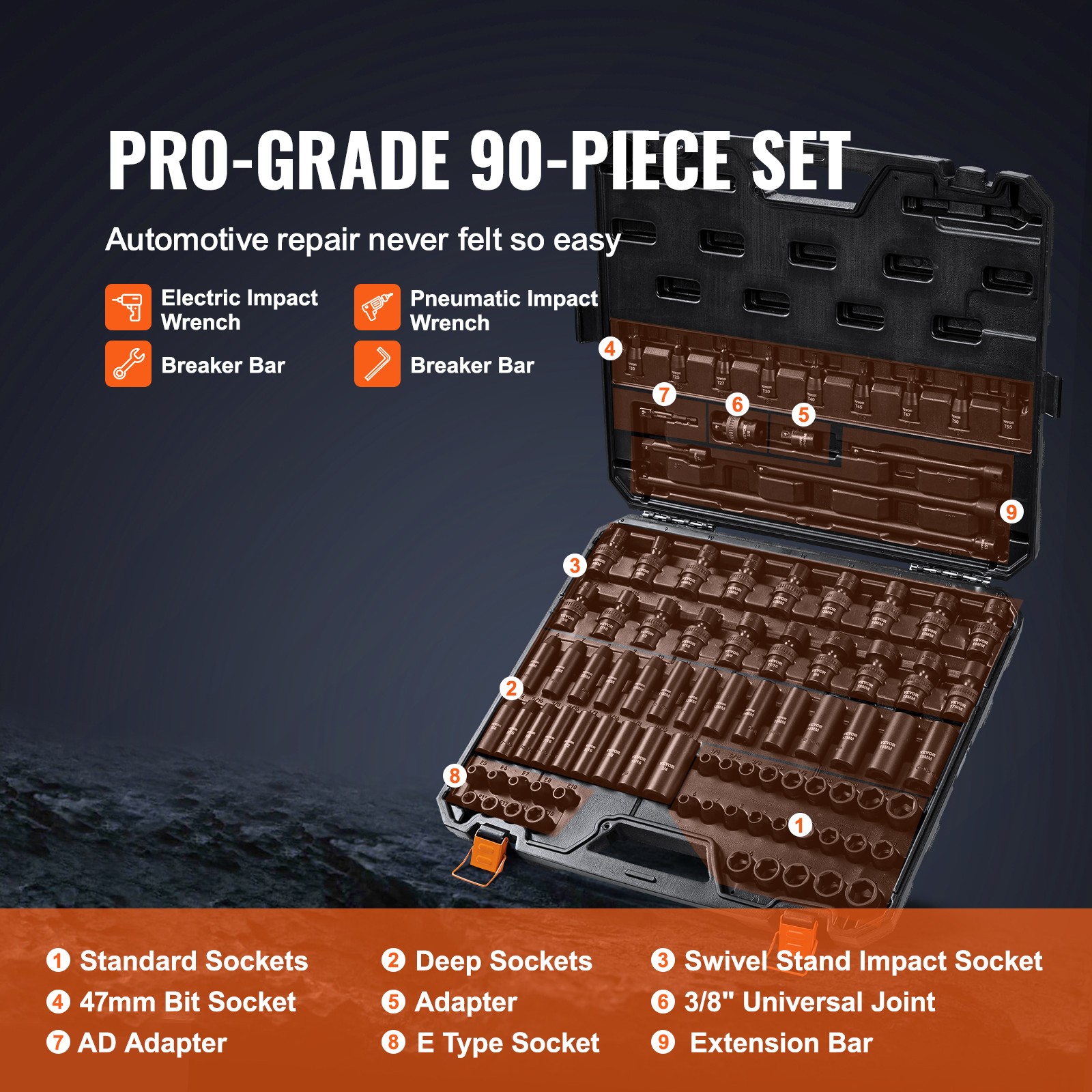 VEVOR Impact Sockets Set 90pcs 6-Point 3/8in Drive Bit Ratchet Tool Kit Case