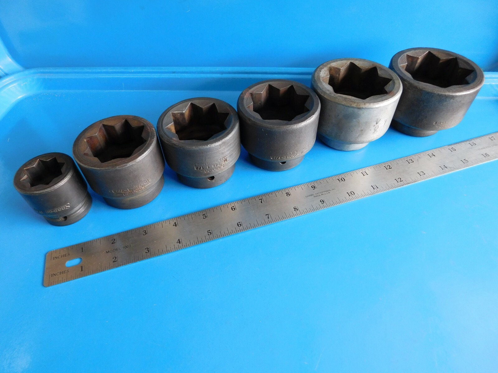 USED, SNAP ON » DOUBLE SQUARE SHORT SOCKETS» 8 PT. LOT OF 6, 3/4 & I INCH DRIVE