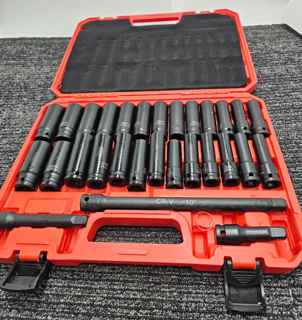 Drive Deep Impact 29 Piece Socket CR-V Extension Bar SAE Metric Black Red Case