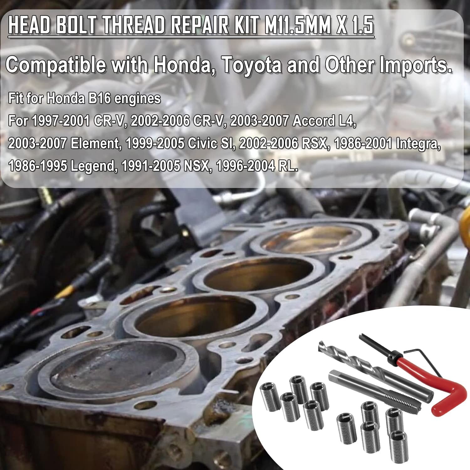 Head Thread Bolt Repair Tool Kit 1420 for Honda B16 Engine, Toyota M11.5mm x 1.5