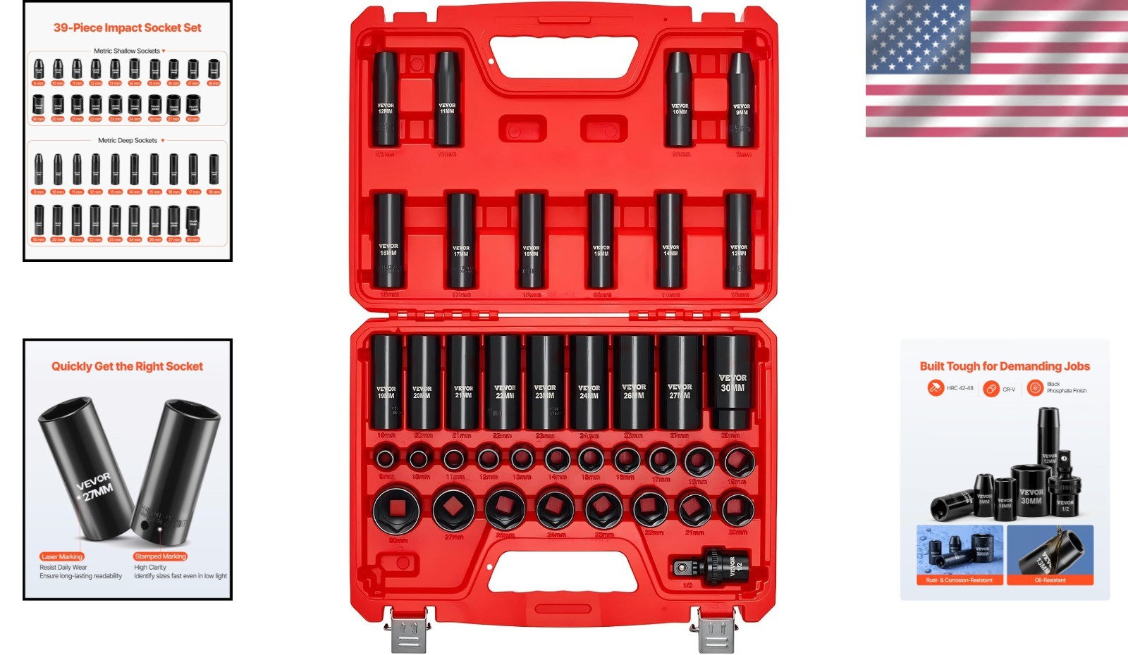 Metric 39pc Impact Socket Set, 6-Point, CR-V Steel