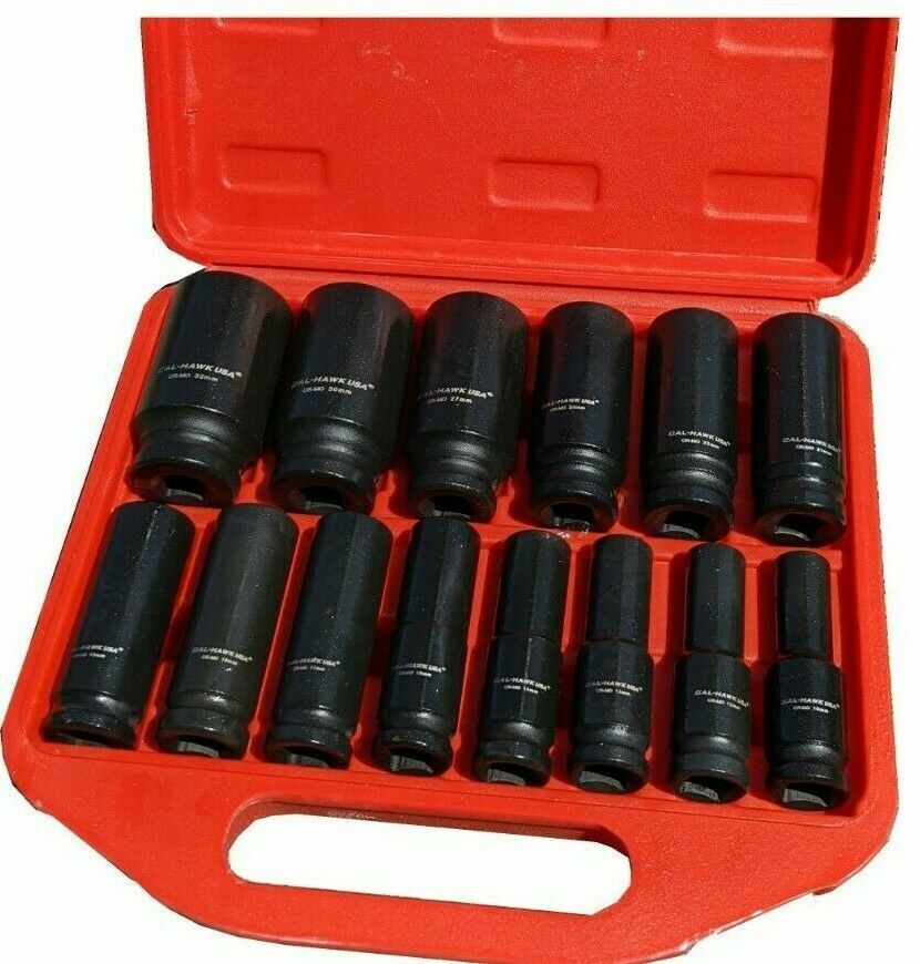 14Pc 1/2″ DR Chrome Molybdenum Steel Deep Impact Socket Set – SAE 6 Point w/Case
