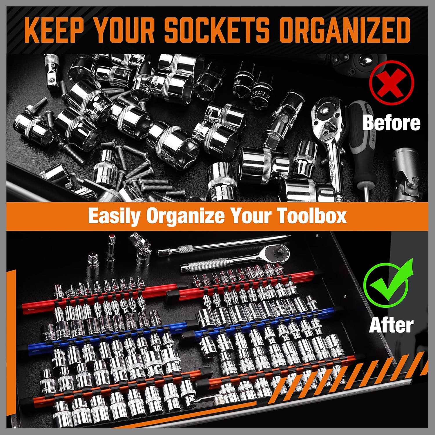 6Pcs Double Sided Socket Organizer, 1/4-Inch, 3/8-Inch, 1/2-Inch