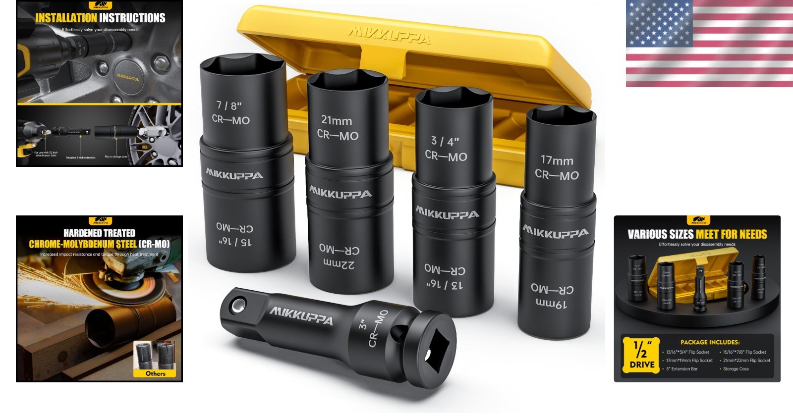5 Pcs Impact Socket Set 1/2 In Drive Chrome Molybdenum Steel Double Side Metr…