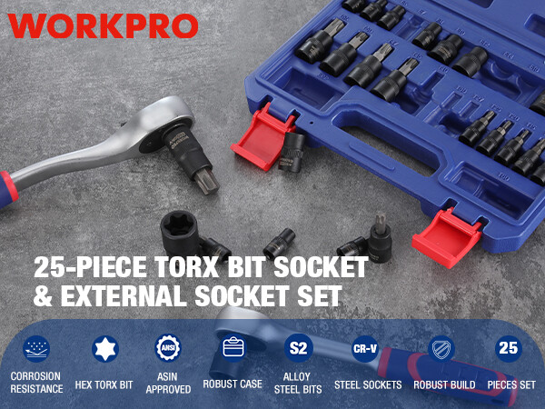25-piece Torx Bit Socket and External Socket Set, 1/4″, 3/8″, 1/2″ Drive