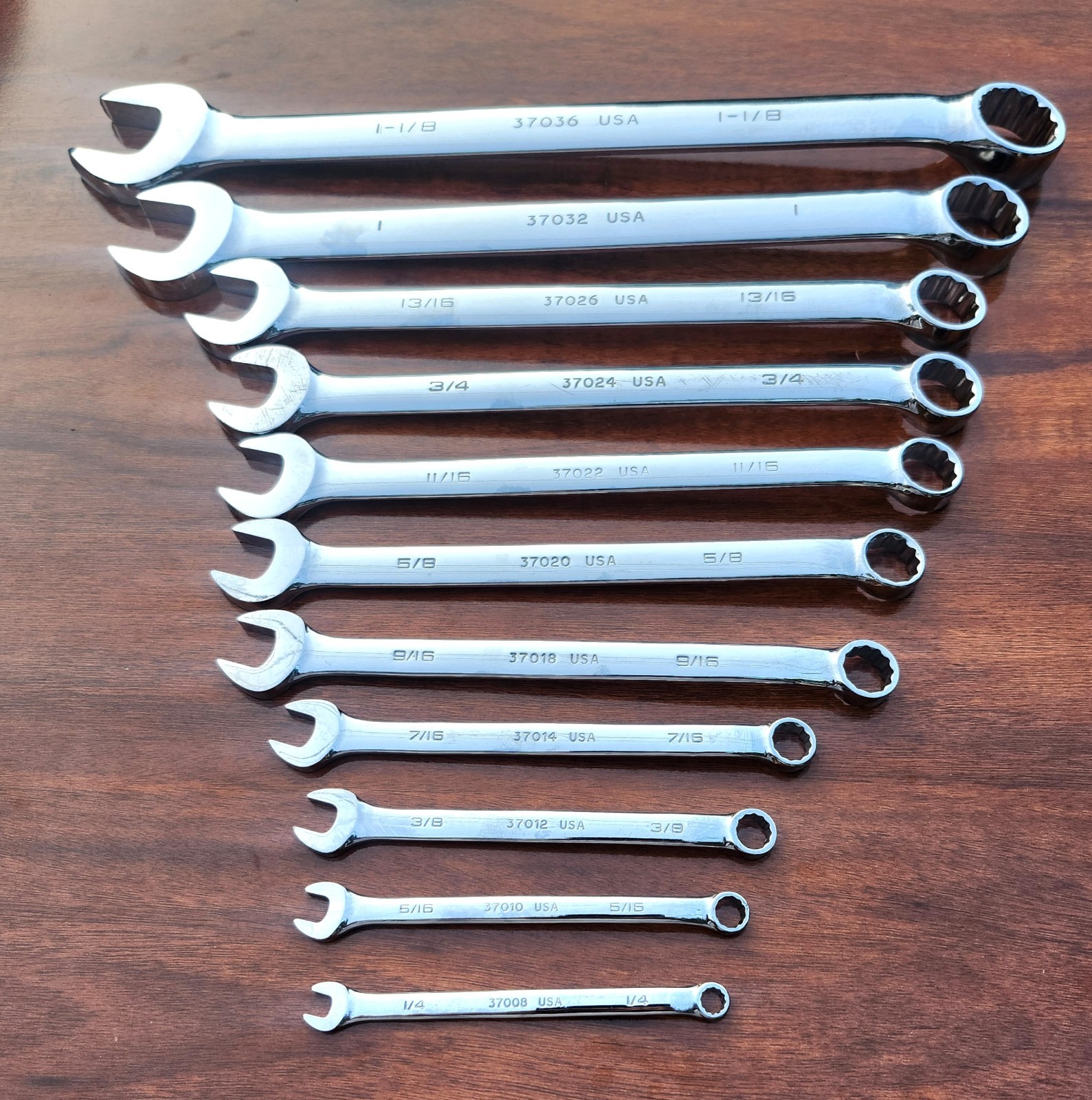 Vintage =Husky= USA 1-1/8″ to 1/4″ Full Polished Comb Wrench Set 11 Pc USA 🇺🇸