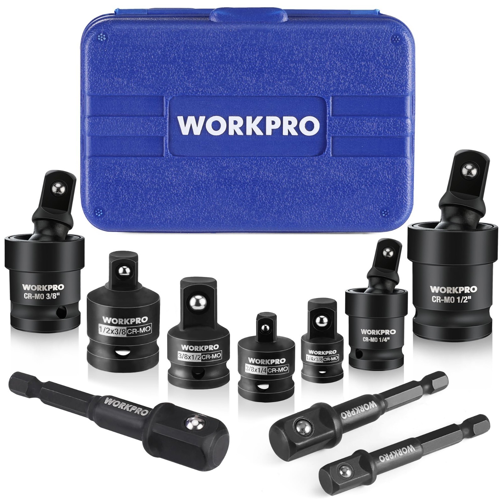 10-Piece Impact Socket Adapter Set with Case, CR-MO Steel, Universal Joints & Ex