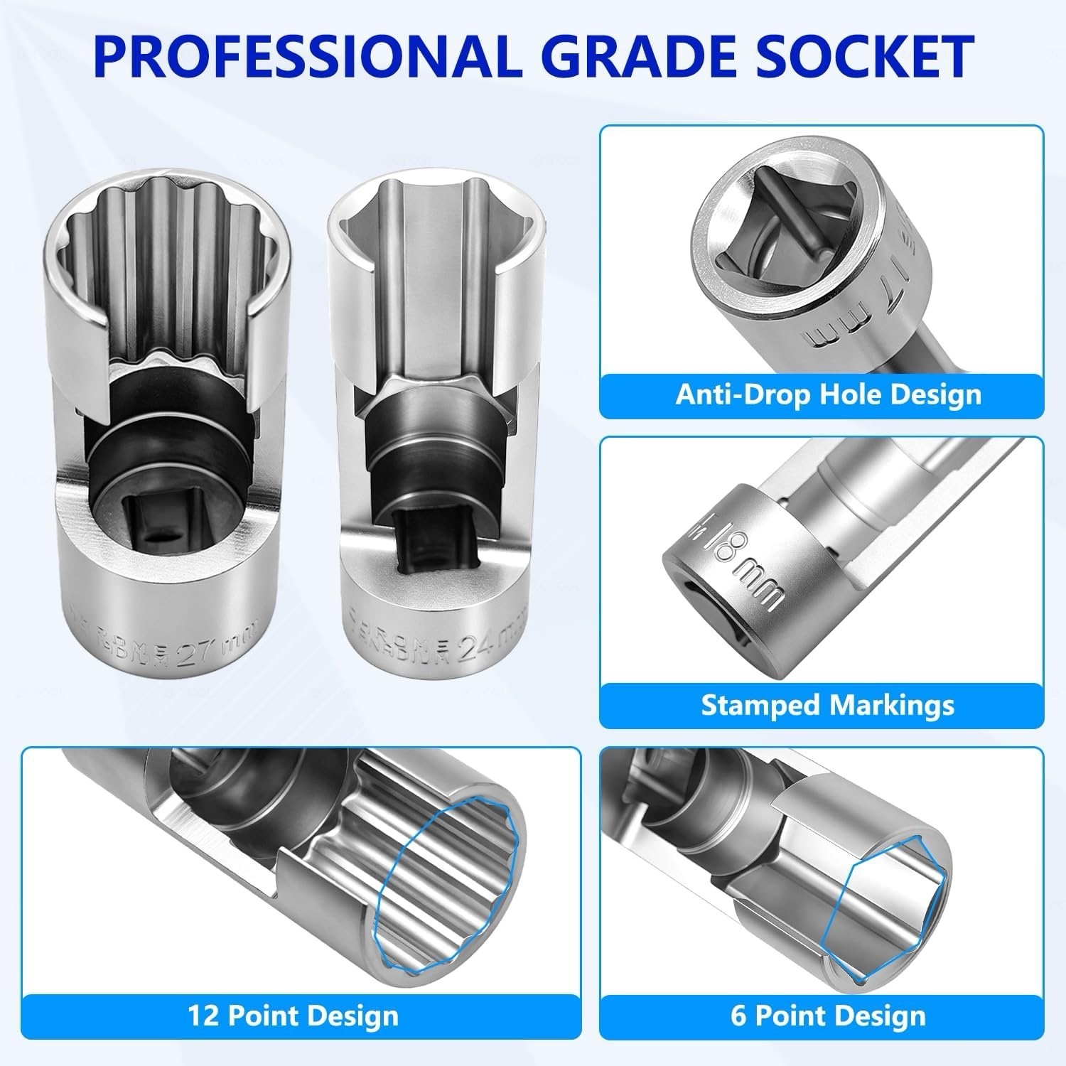 19PCS Diesel Injector Fuel Line Socket Set 8-27mm Flare Nut 3/8″ 1/2″ Drive, Glo