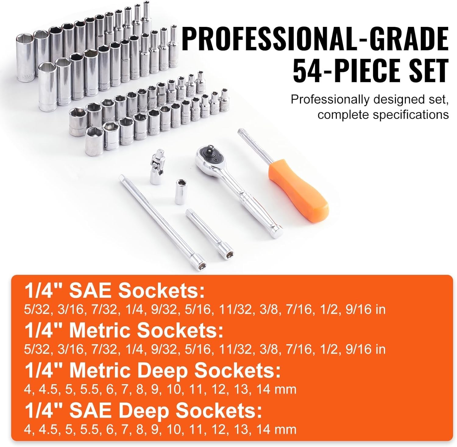 Socket Set, 1/4 Inch Drive Socket and Ratchet Set, 6-Point Socket Opening, 54…