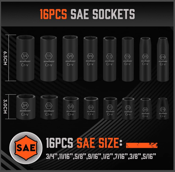 3/8″ Drive Impact Socket Set, 50PC SAE & Metric 6-Point, Ratchet & Extensions