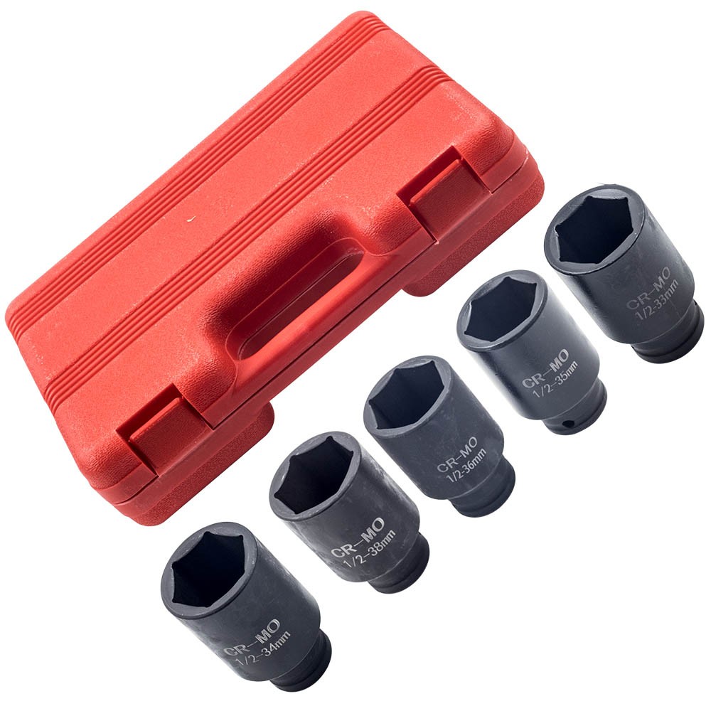 5PC 1/2» Drive 6 Point Deep Spindle Axle Nut Socket Set 33, 34,35, 36,38mm