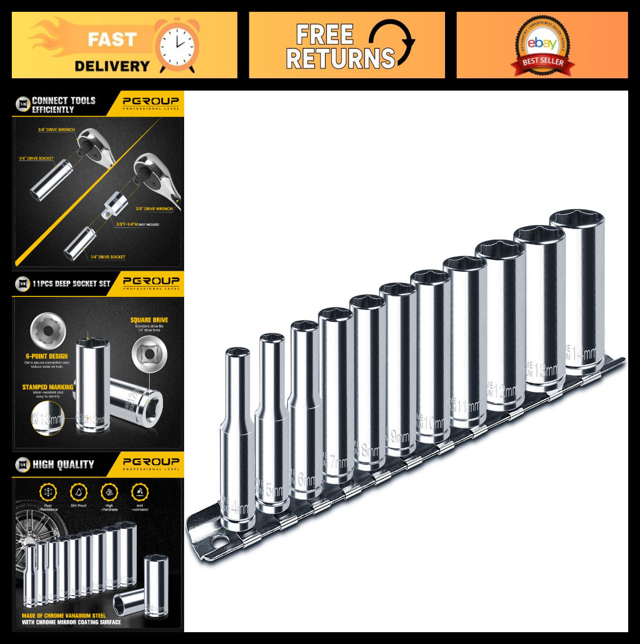 11PCS 1/4″ Drive Deep Socket Set, Metric 4mm-14mm, 6-Point, Chrome Vanadium, Sto