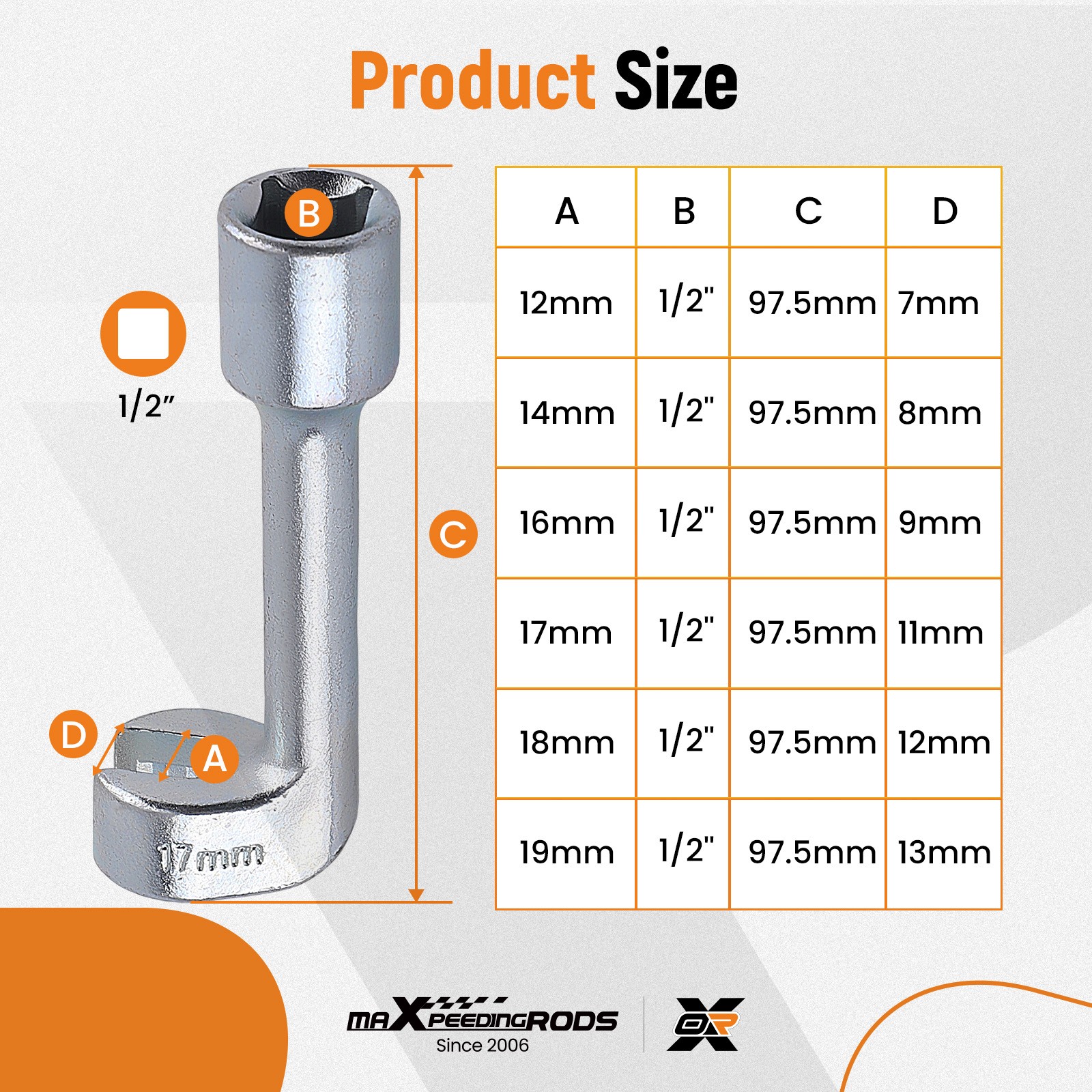 Automotive Injector Line Socket Set for BMW Audi 12-19mm 1/2″ Drive 100mm 6pc