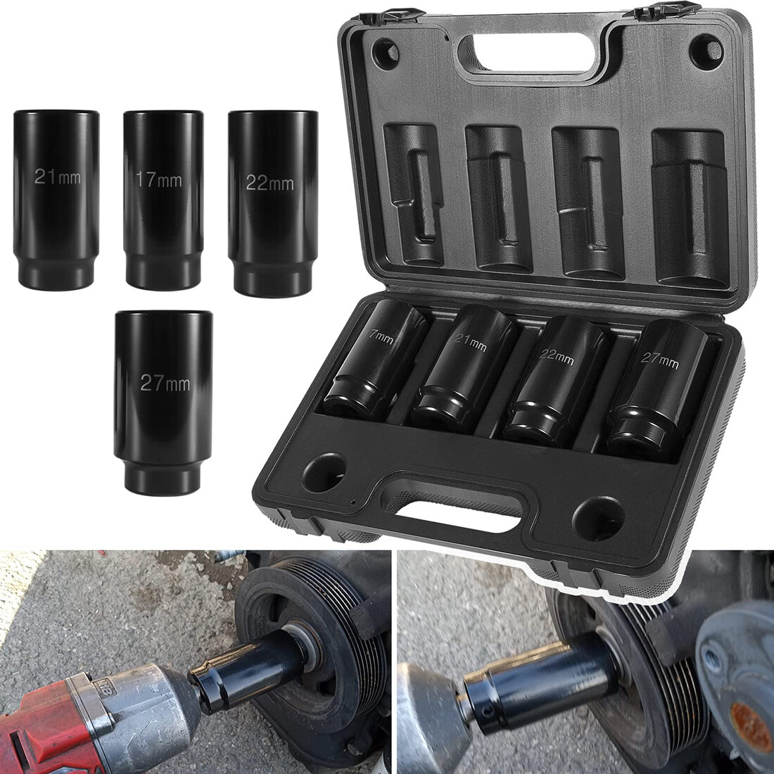 Crank Bolt Socket Set 17/21/22/27MM Harmonic Balancer Socket Set 1/2 Inch Drive