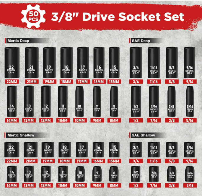 3/8 In. 50 Piece 6 Point Impact Socket Ratchet Drive and Metric Set