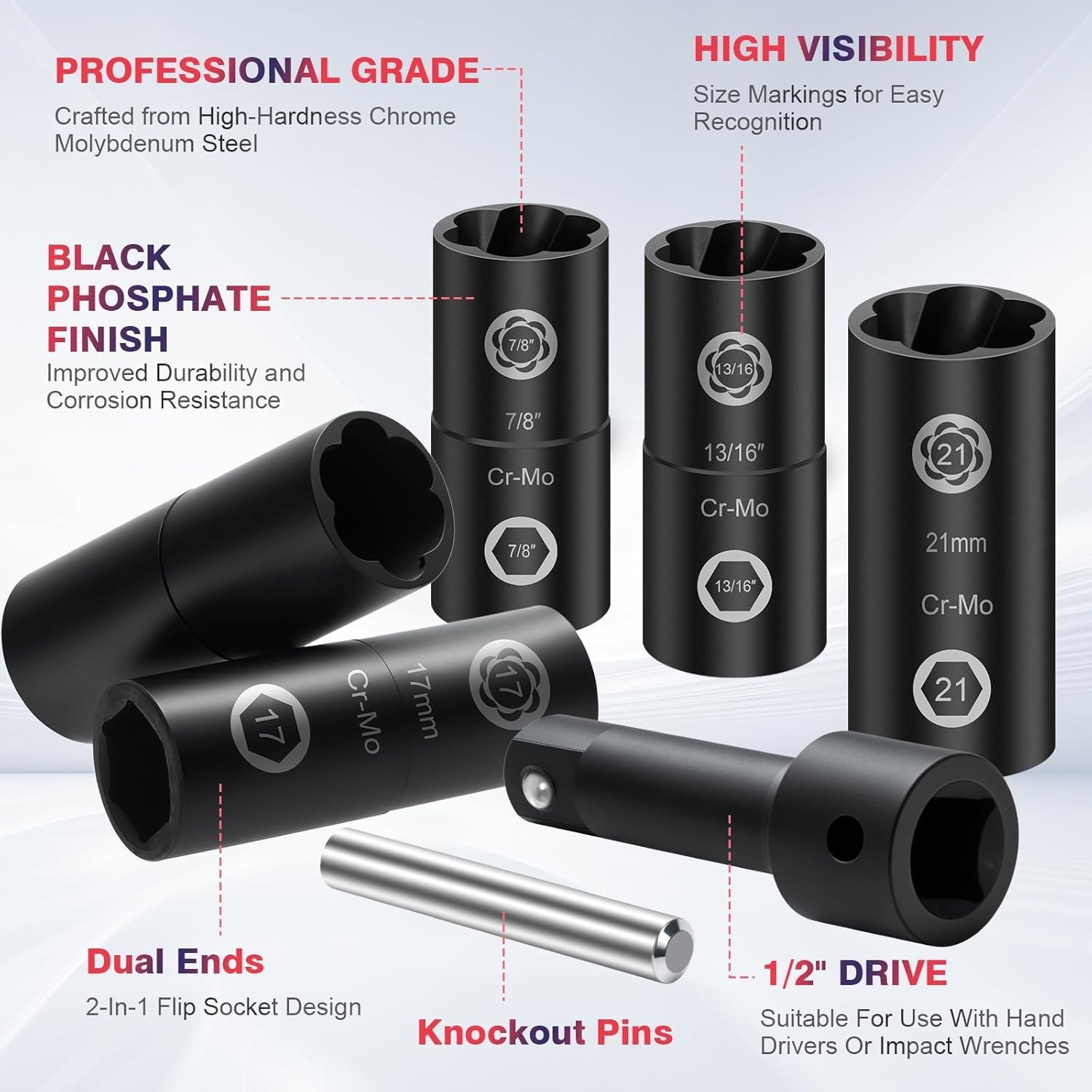 2 IN 1 Lug Nut Socket Set & Wheel Lock Removal Kit, 7 Piece Flip Socket Desig