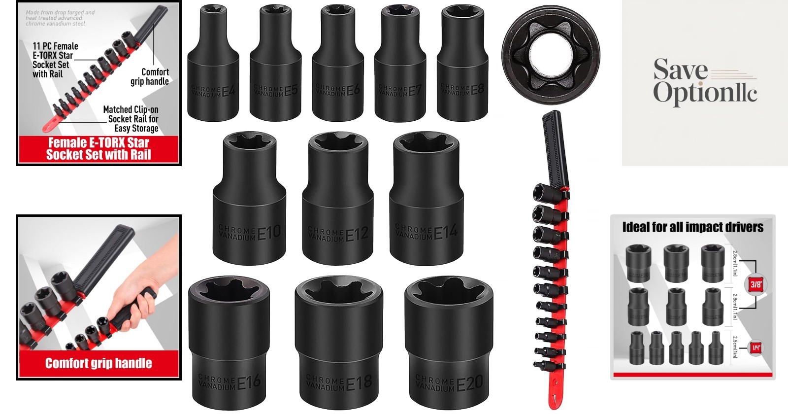 Complete E-Torx Socket Set – 11 Pieces E4 E5 E6 E7 E8 E10 to E20, with Organizer