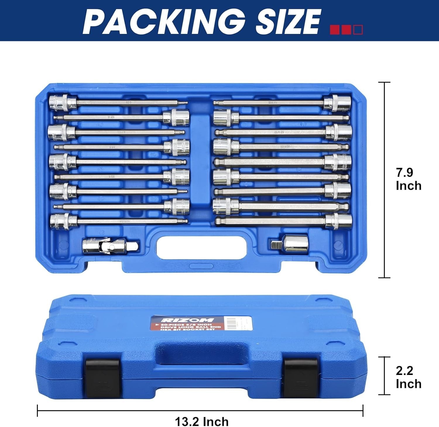 20-Piece Long Ball End Hex Bit Socket Set SAE & Metric 3/8 Inch Drive