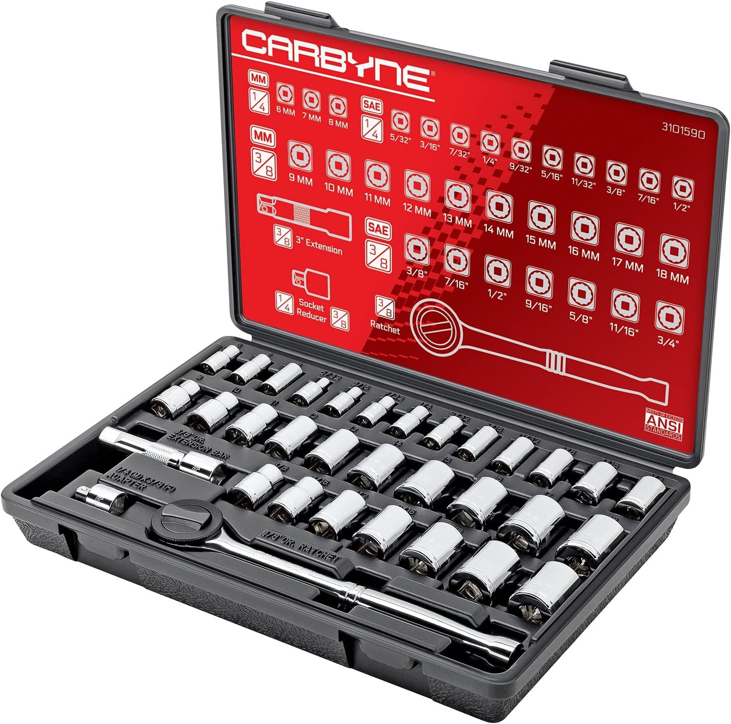 CARBYNE 1/4″ & 3/8″ Drive Socket & Ratchet Set – 34 Piece | SAE & One Size