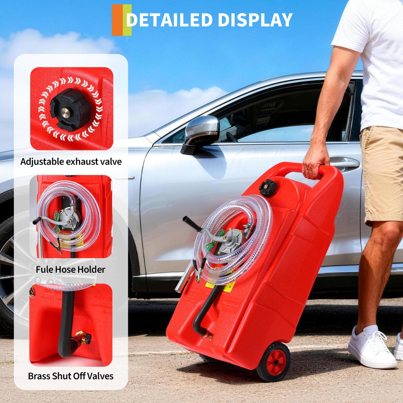 Portable Fuel Tank 15 Gallon with Pump Rubber Tires Gas Caddy Lawn Mower Tool