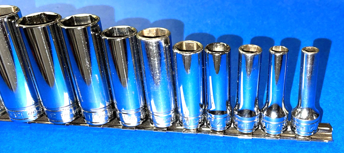 SNAP-ON TOOLS 11 PIECE 3/8 DRIVE SAE. DEEP CHROME 6 POINT SOCKET SET 211SFSY
