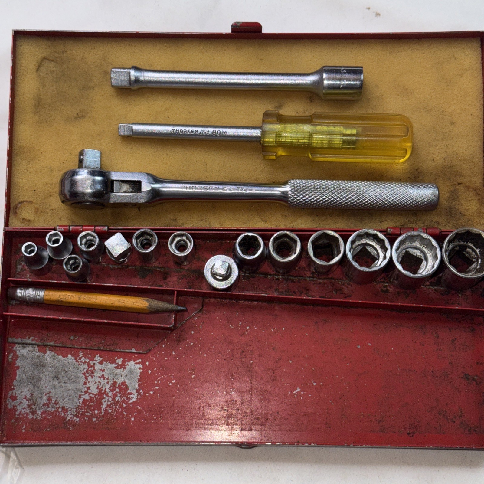 Vintage Thorsen #77 J – 3/8″ Drive Socket Ratchet Wrench Set – USA 17 Pcs + Case