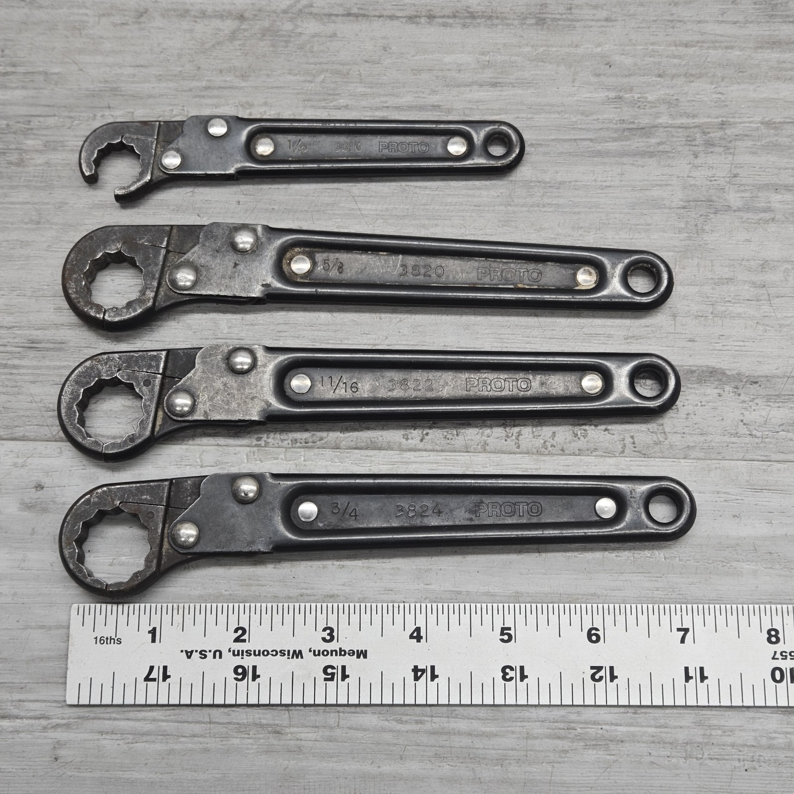 PROTO Ratcheting Box End Wrench Set SAE 4 Pc USA Made Reversible Offset READ