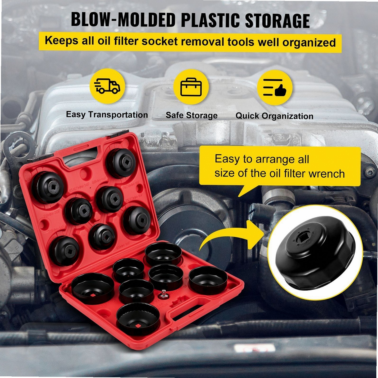 Oil Filter Socket Set 14-Piece Steel Low-Profile with Adapter