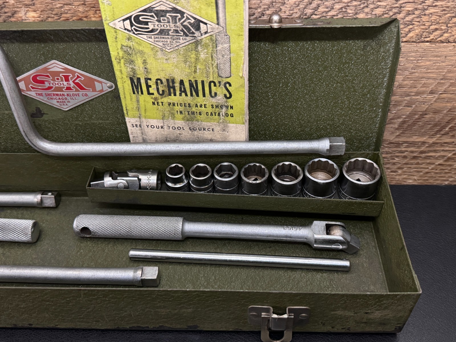 S-K Tools 3/8 Drive Socket Wrench Set 4517 14pc Metal Case & Catalog c 1940s USA