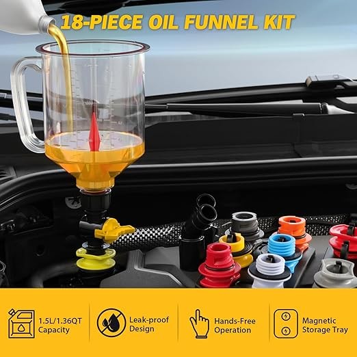 19PC Engine Oil Coolant Funnel Kit 12 Adapters & Brake Fluid Catcher Bleeder Kit