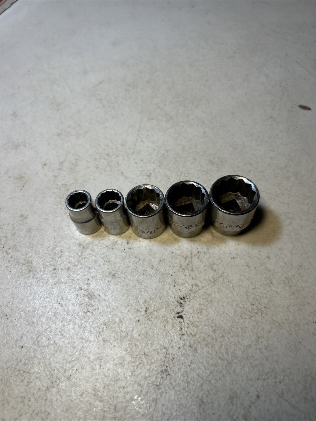 MATCO – Lot Of 5 Shallow SAE Sockets,3/8” Drive,12pt (3/8”,7/16”,5/8”,11/16,3/4”