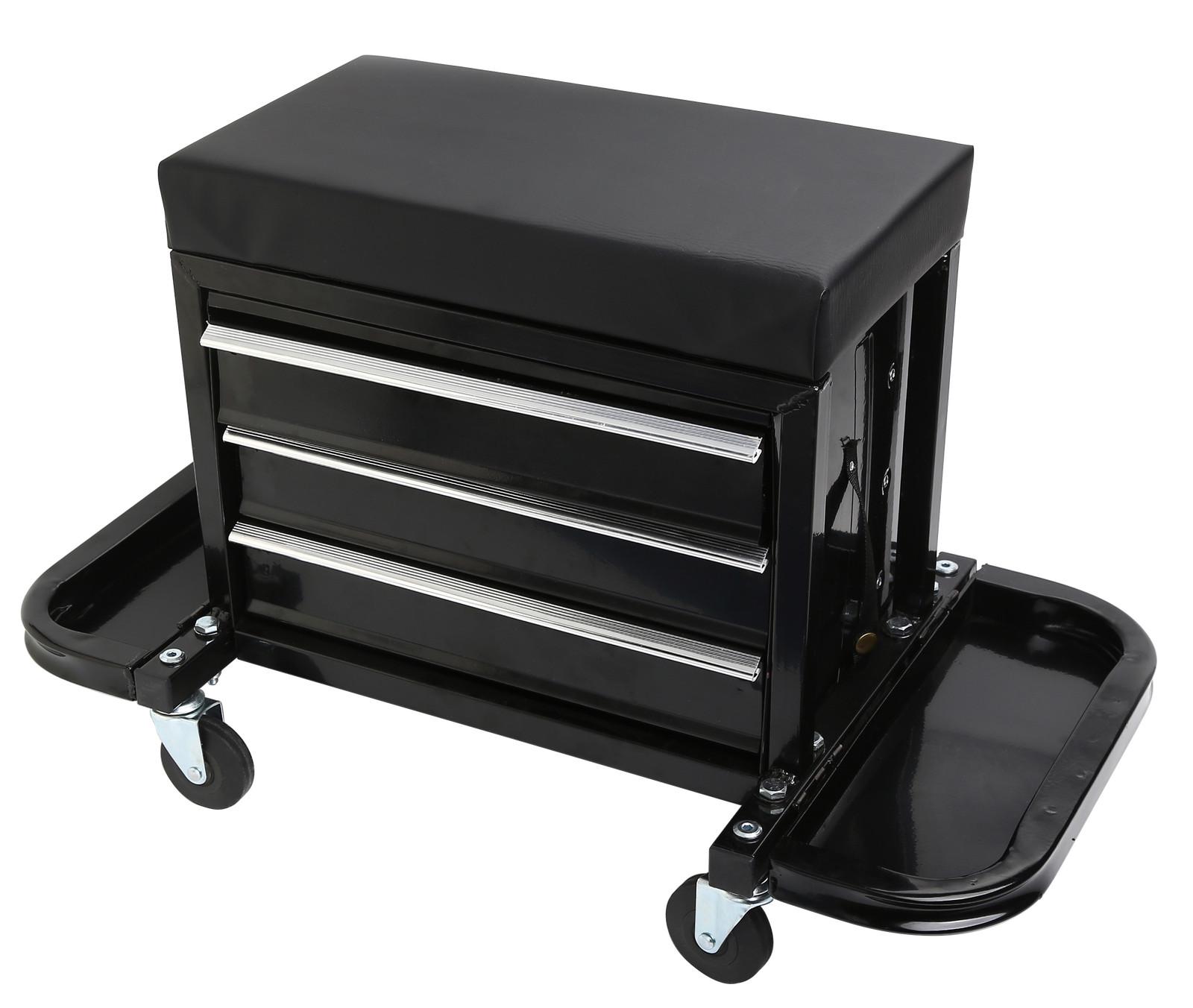Mechanics Roller Work Seat w/ 3-Drawer Tool Box Storage Tray Padded Stool Black