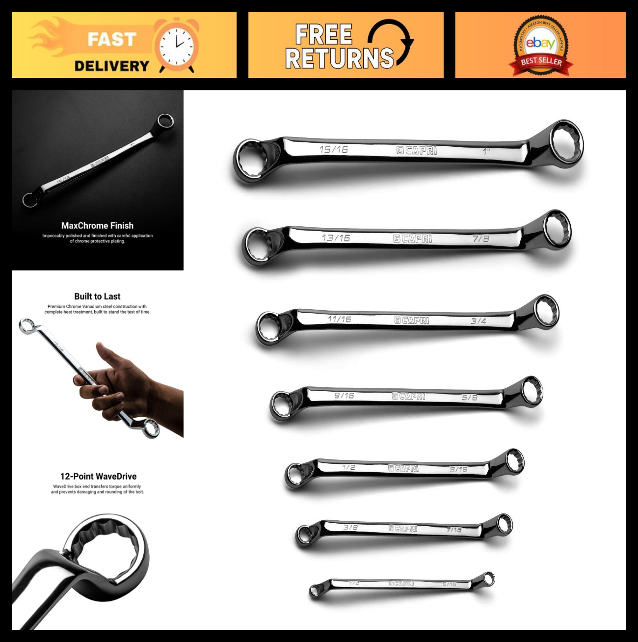 75-Degree Deep Offset Double Box End Wrench Set, SAE 7-Piece, 1/4″ to 1″, Canvas