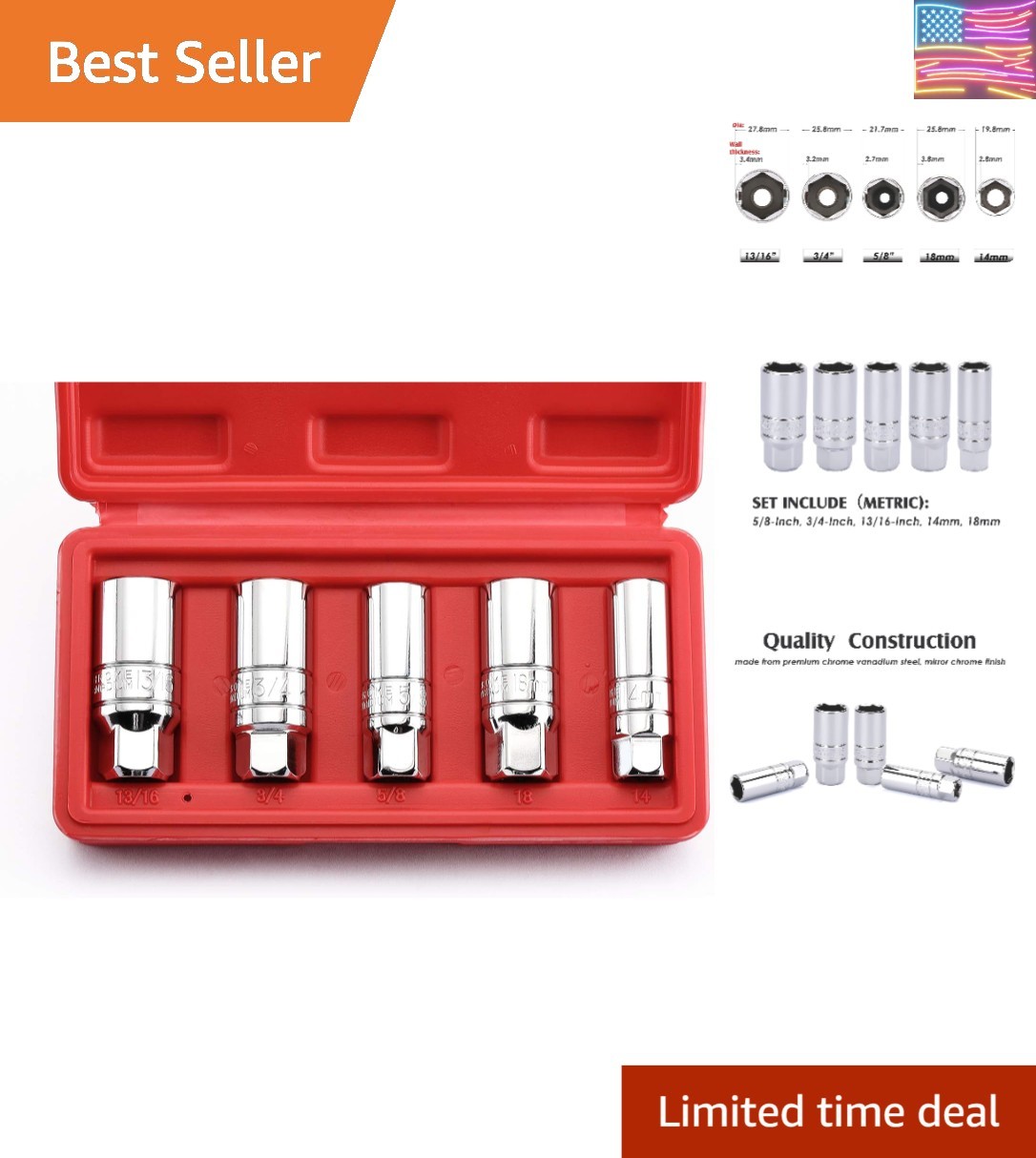 3/8 Inch Drive Spark Plug Socket Set, SAE & Metric, CR-V Steel Mirror Finish