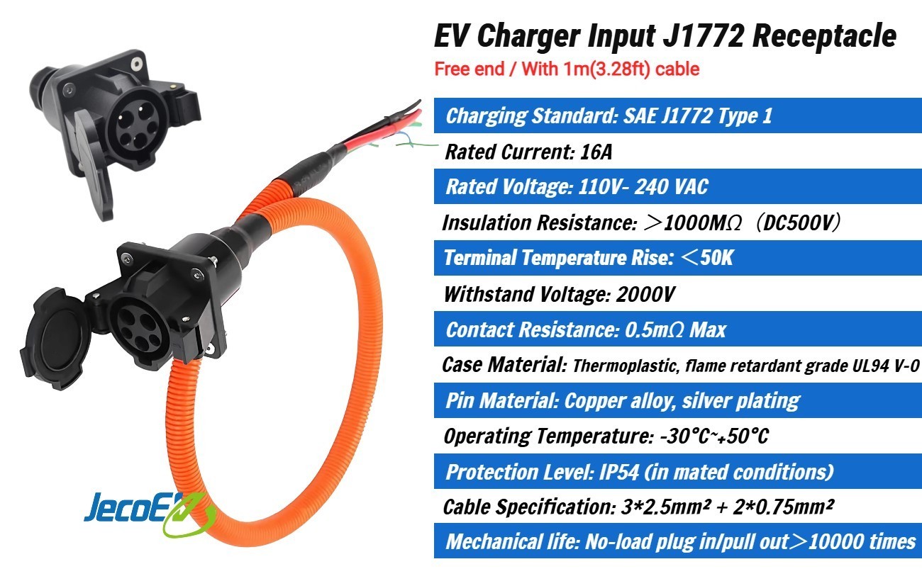 Level 1 and 2 SAE J1772 EV Socket-Inlet, Type 1 Receptacle, 16Amp, 110V-240V