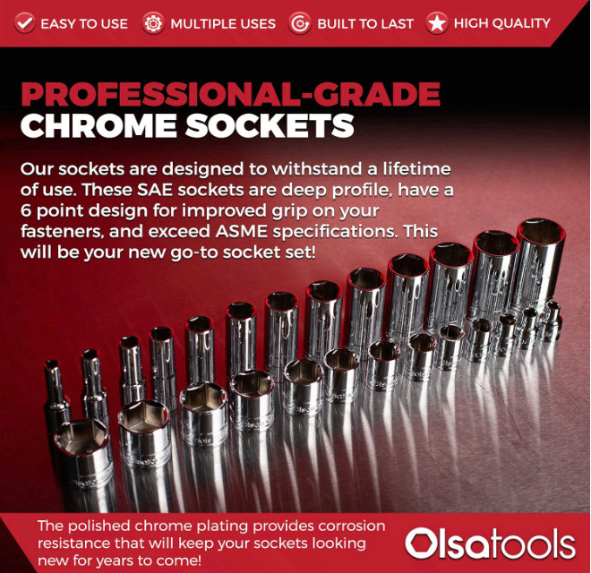 SAE Deep Socket Set 1/4″ Drive, 13pc 6-Point 1/8″–5/8″ Pro Grade (1329)